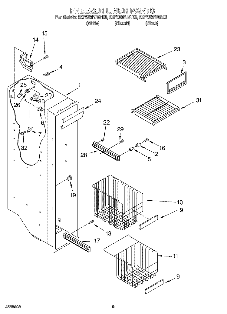 FREEZER LINER Diagram and Parts List for KSFS25FJBL00  KitchenAid Refrigerator