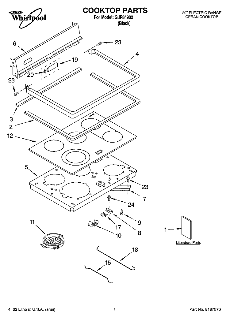 COOKTOP PARTS Diagram and Parts List for GJP84902  Whirlpool Range