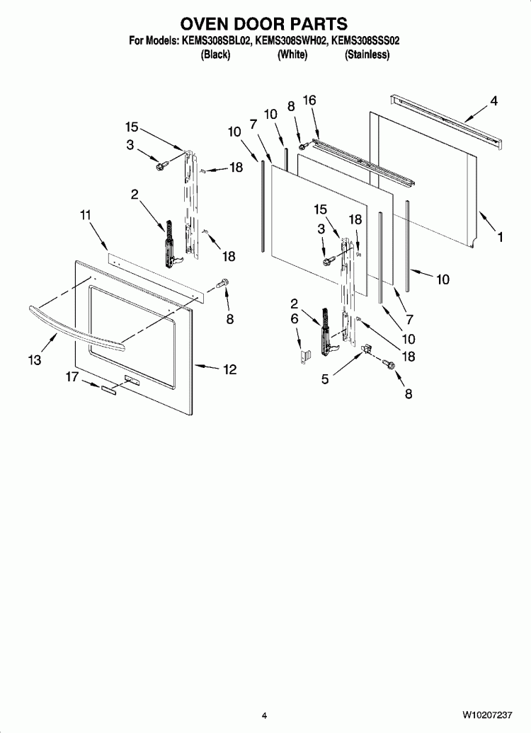 OVEN DOOR PARTS Diagram and Parts List for KEMS308SSS02  KitchenAid Microwave Oven Combo