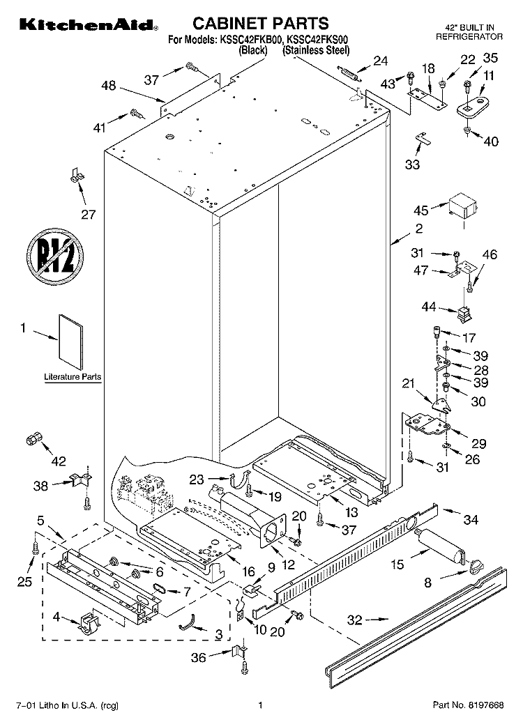 CABINET, LITERATURE Diagram and Parts List for KSSC42FKB00  KitchenAid Refrigerator