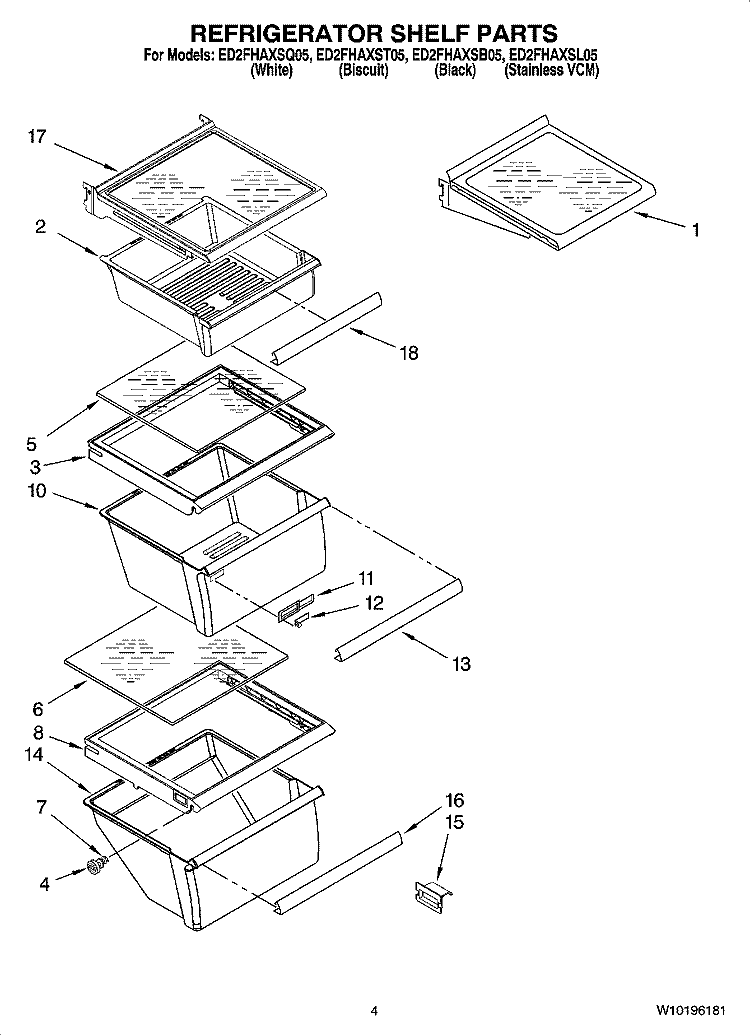 REFRIGERATOR SHELF PARTS Diagram and Parts List for ED2FHAXST05  Whirlpool Refrigerator