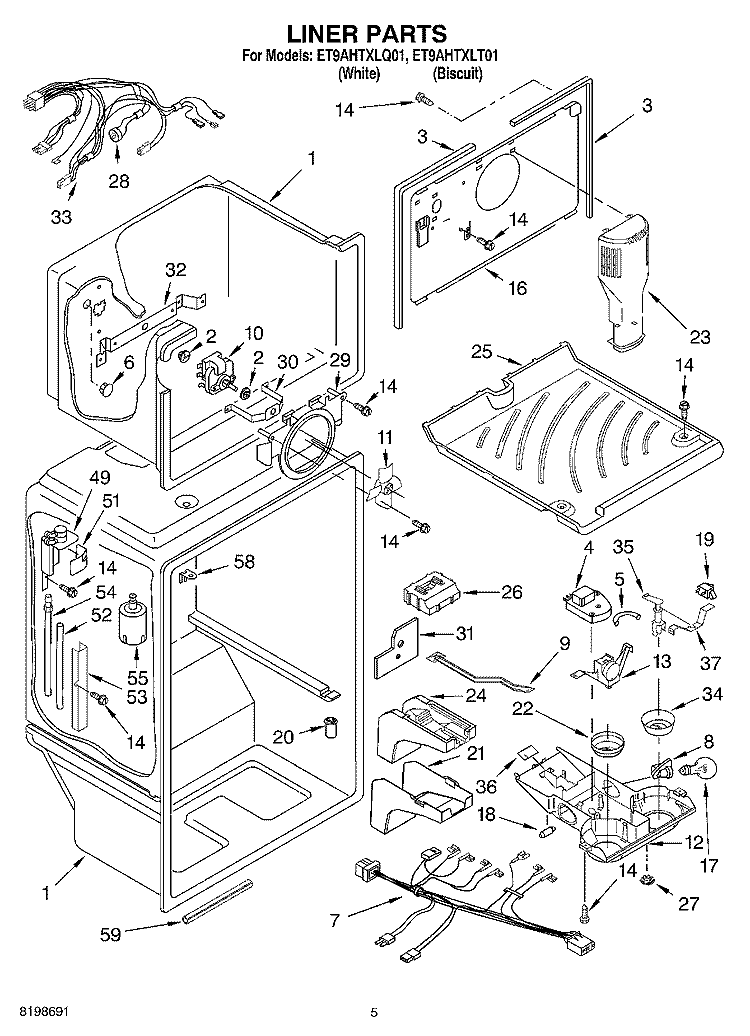 LINER PARTS Diagram and Parts List for ET9AHTXLT01  Whirlpool Refrigerator