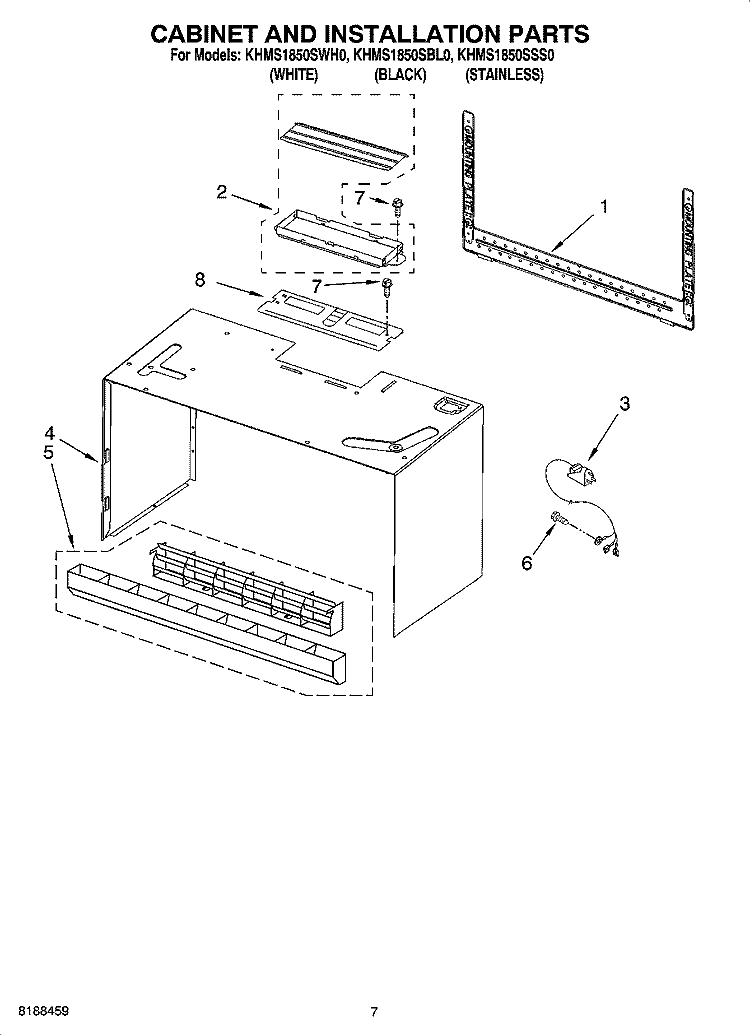 CABINET AND INSTALLATION PARTS Diagram and Parts List for KHMS1850SSS0  KitchenAid Microwave