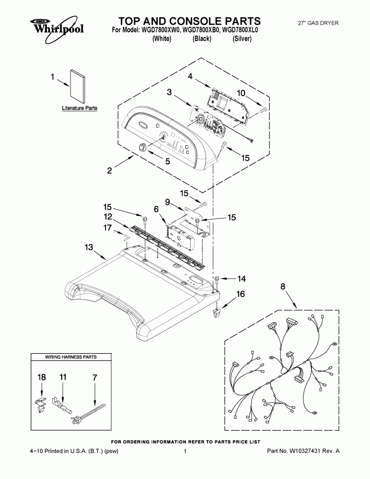 TOP AND CONSOLE PARTS Diagram and Parts List for WGD7800XW0  Whirlpool Dryer