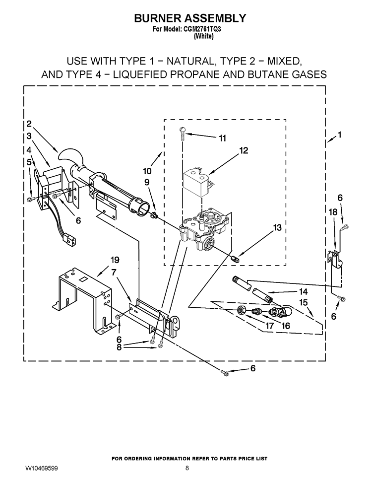 BURNER ASSEMBLY Diagram and Parts List for CGM2761TQ3  Whirlpool Dryer