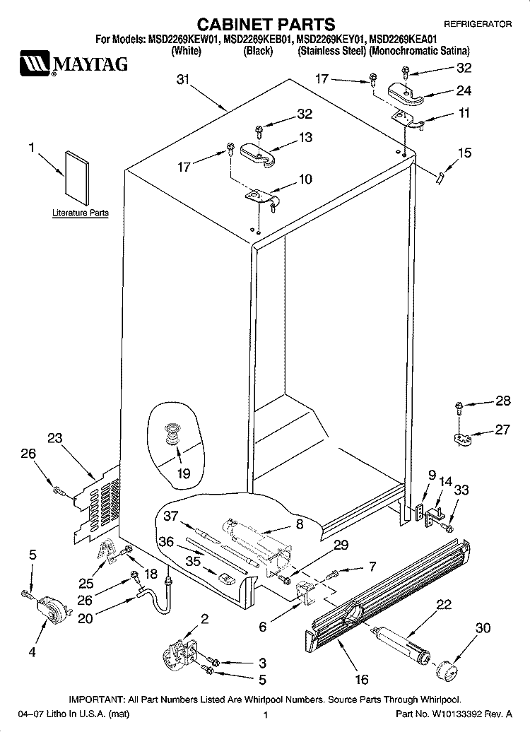 CABINET PARTS Diagram and Parts List for MSD2269KEB01  Whirlpool Refrigerator