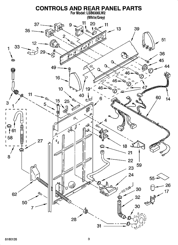 CONTROLS AND REAR PANEL PARTS Diagram and Parts List for LSB6300LW2  Whirlpool Washer