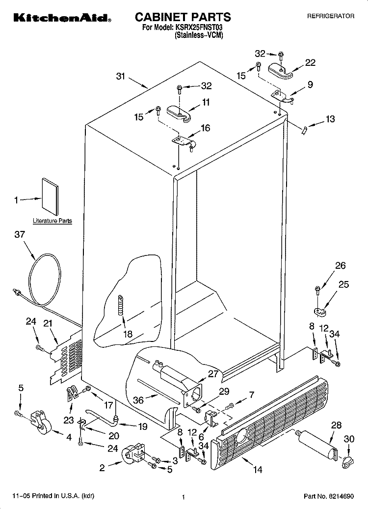 CABINET PARTS Diagram and Parts List for KSRX25FNST03  KitchenAid Refrigerator