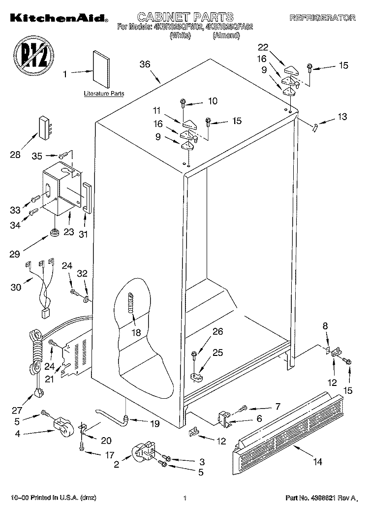 CABINET, LITERATURE Diagram and Parts List for 4KSRS25QFA02  KitchenAid Refrigerator
