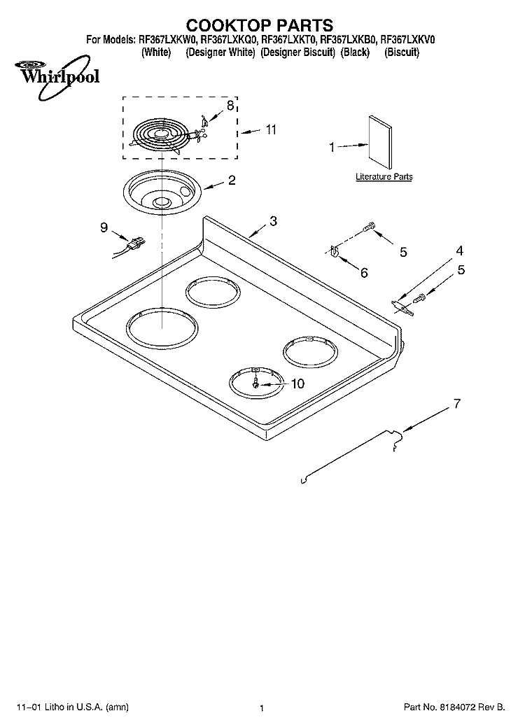 COOKTOP, LITERATURE Diagram and Parts List for RF367LXKB0  Whirlpool Range