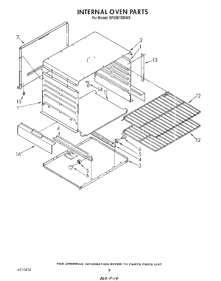 INTERNAL OVEN Diagram and Parts List for SF3001SRW5  Whirlpool Range