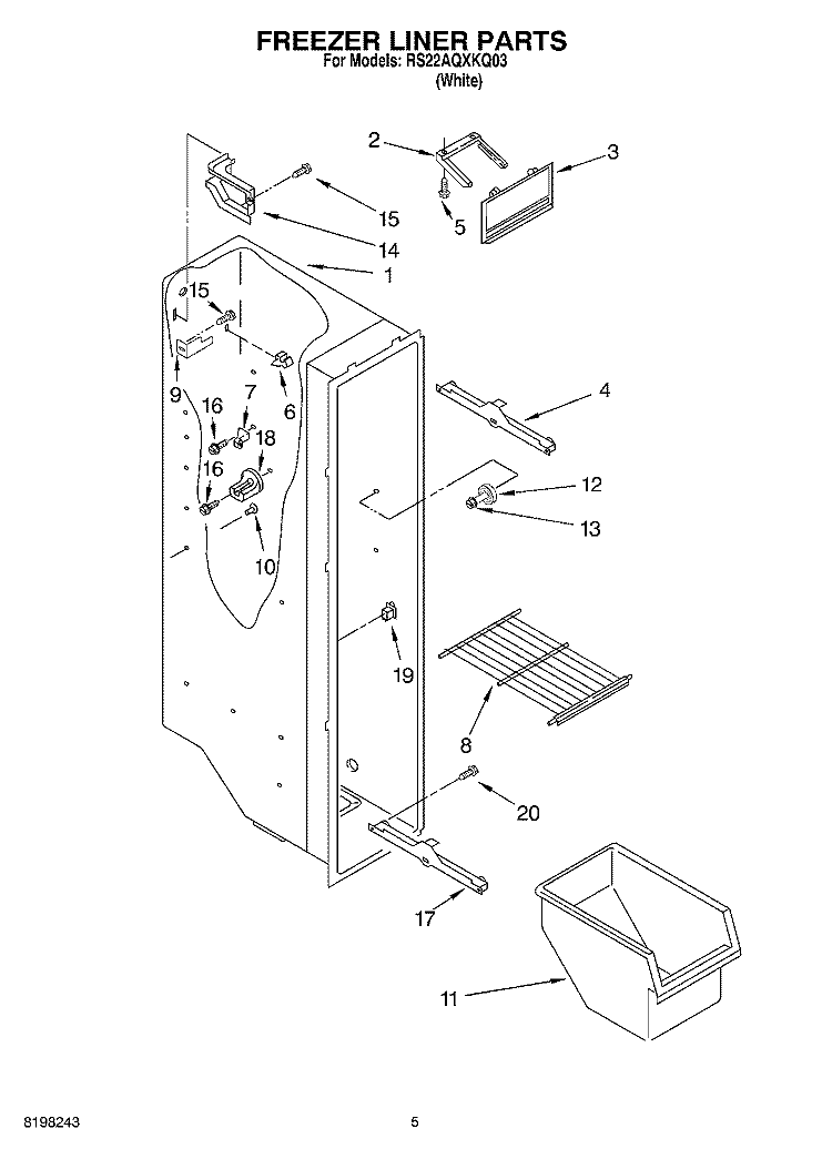 FREEZER LINER Diagram and Parts List for RS22AQXKQ03  Roper Refrigerator