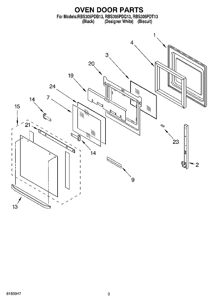 OVEN DOOR Diagram and Parts List for RBS305PDB13  Whirlpool Wall Oven