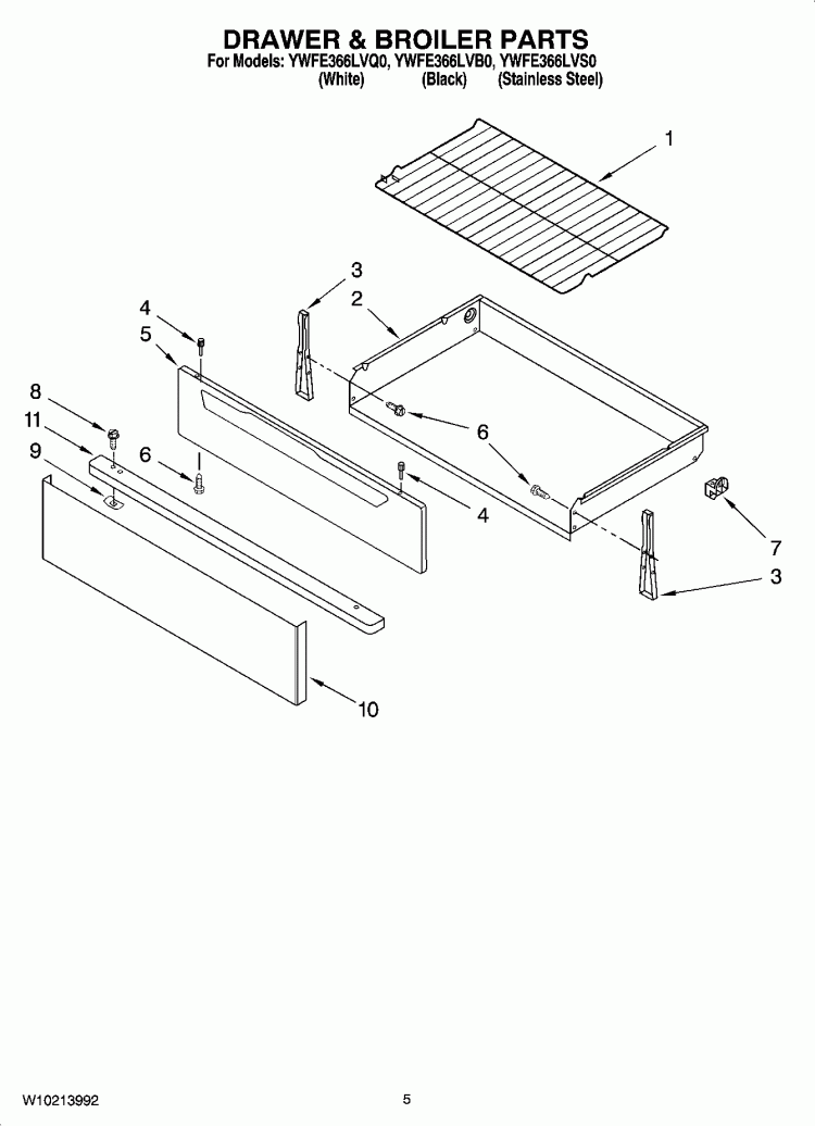 DRAWER & BROILER PARTS Diagram and Parts List for YWFE366LVQ0  Whirlpool Range