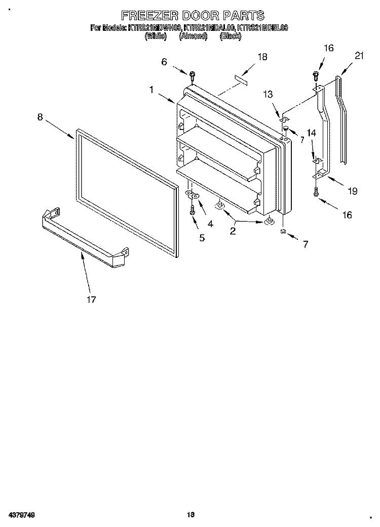 FREEZER DOOR, LIT/OPTIONAL Diagram and Parts List for KTRS21MDBL00  KitchenAid Refrigerator