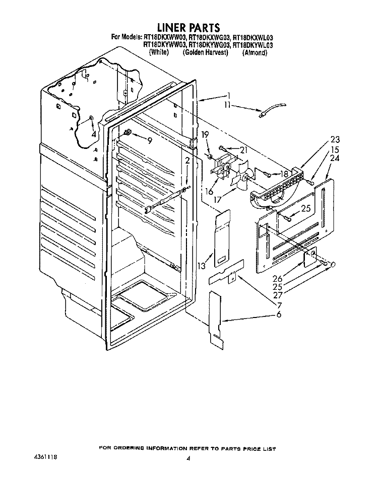 LINER Diagram and Parts List for RT18DKYWW03  Roper Refrigerator