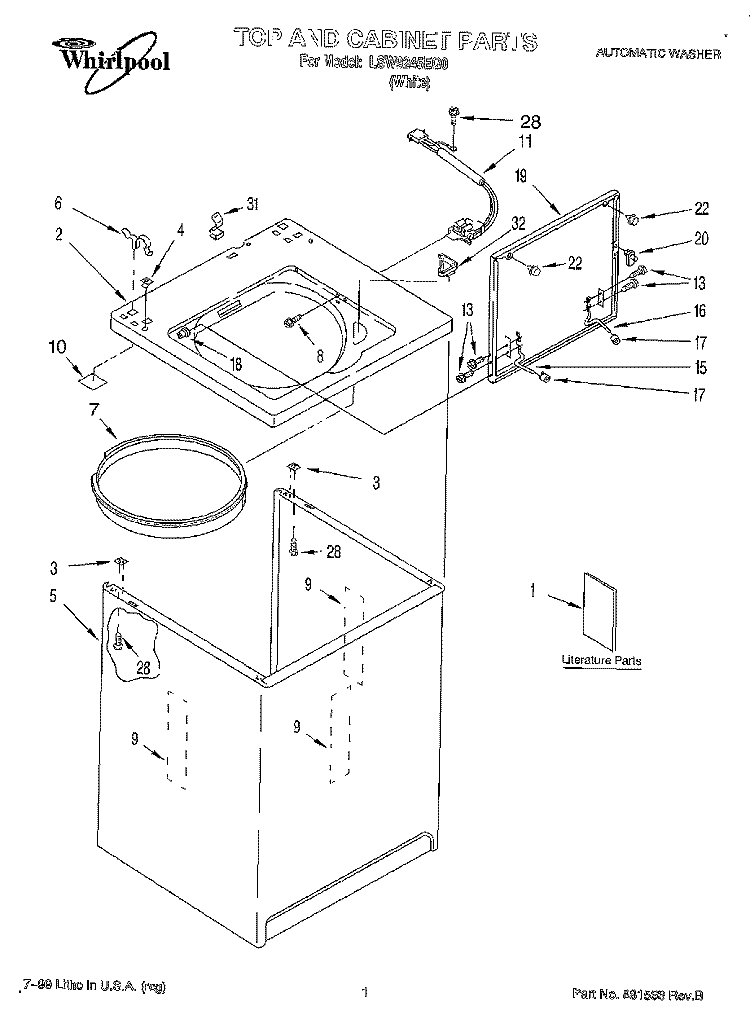 TOP AND CABINET, LITERATURE Diagram and Parts List for LSW9245EQ0  Whirlpool Washer