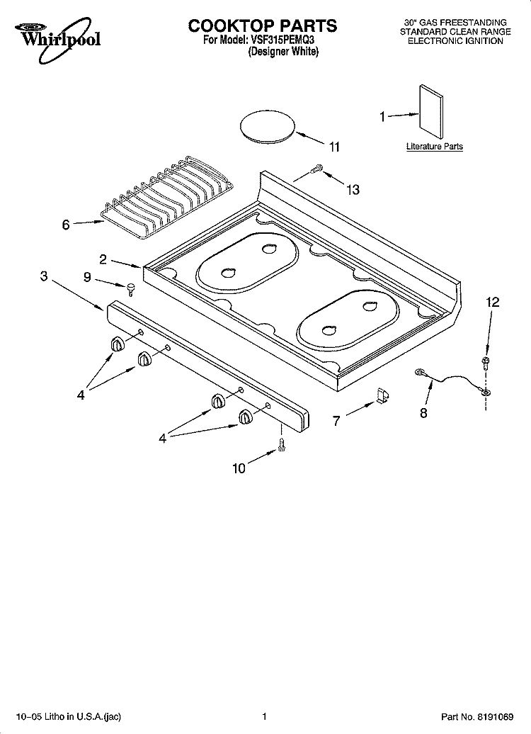 COOKTOP PARTS Diagram and Parts List for VSF315PEMQ3  Whirlpool Range