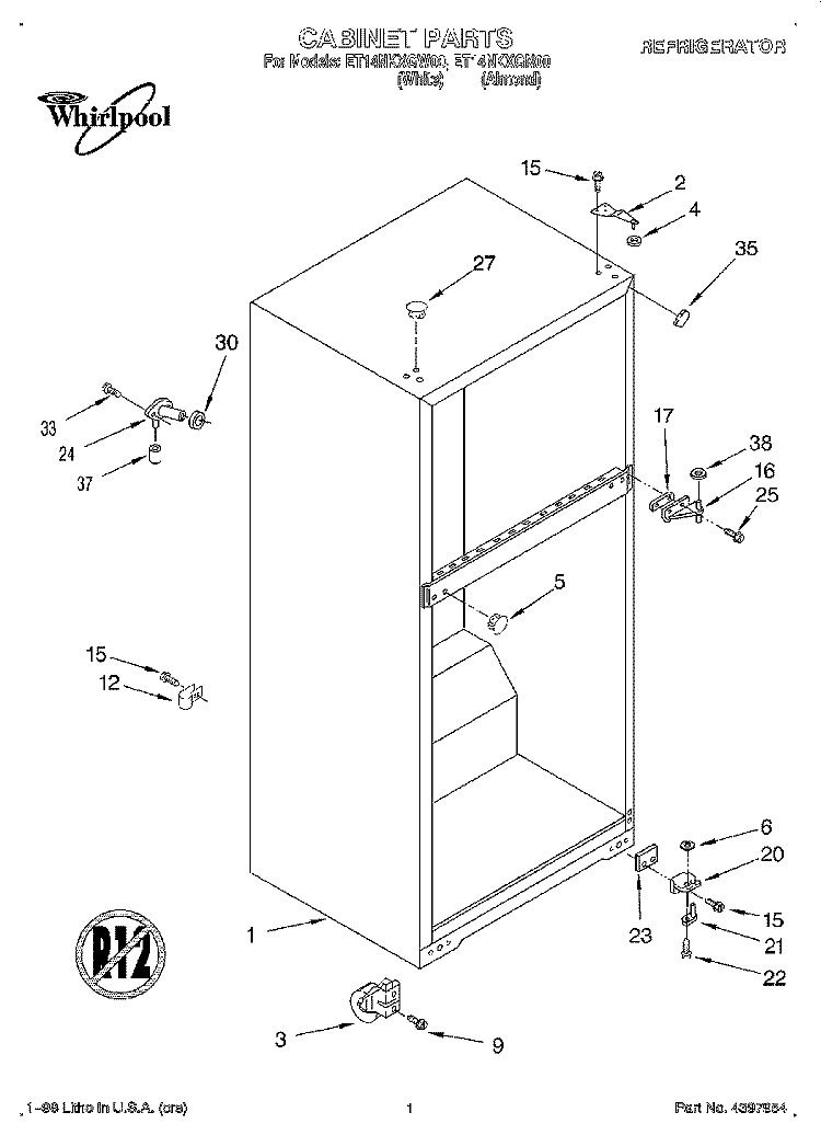 CABINET Diagram and Parts List for ET14NKXGW00  Whirlpool Refrigerator