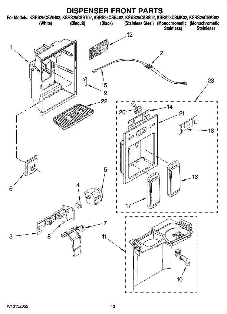 DISPENSER FRONT PARTS Diagram and Parts List for KSRS25CSSS02  KitchenAid Refrigerator