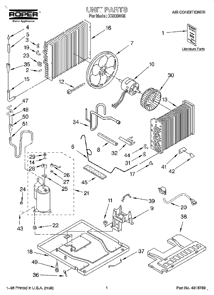UNIT, LITERATURE Diagram and Parts List for X18004G0  Roper Air Conditioner