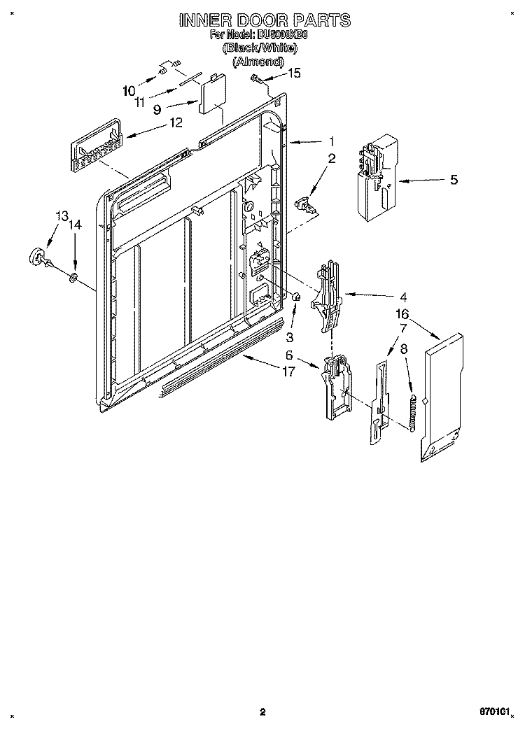 INNER DOOR Diagram and Parts List for DU8000XB0  Whirlpool Dishwasher