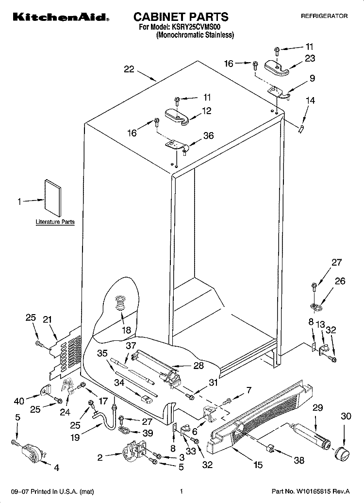 CABINET PARTS Diagram and Parts List for KSRY25CVMS00  KitchenAid Refrigerator