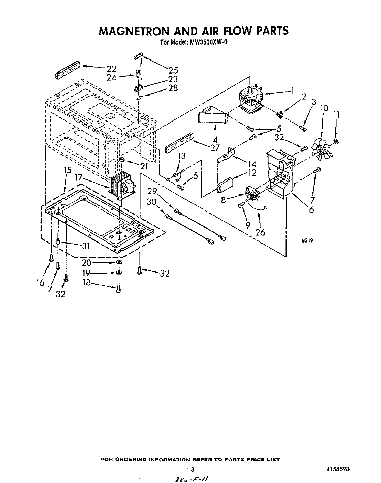 MAGNETRON AND AIR FLOW Diagram and Parts List for MW3500XW0  Whirlpool Microwave