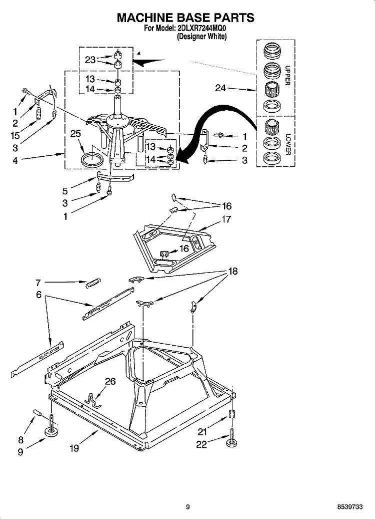 MACHINE BASE PARTS Diagram and Parts List for 2DLXR7244MQ0  Whirlpool Washer