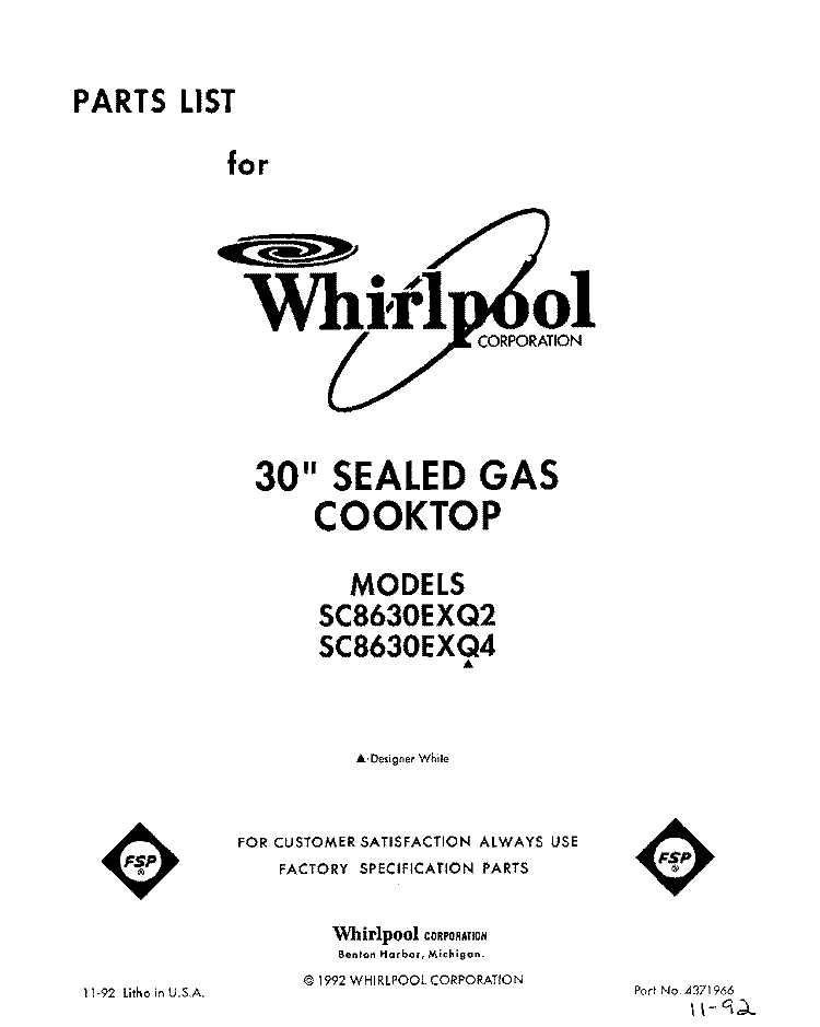 SECTION Diagram and Parts List for SC8630EXQ2  Whirlpool Cooktop