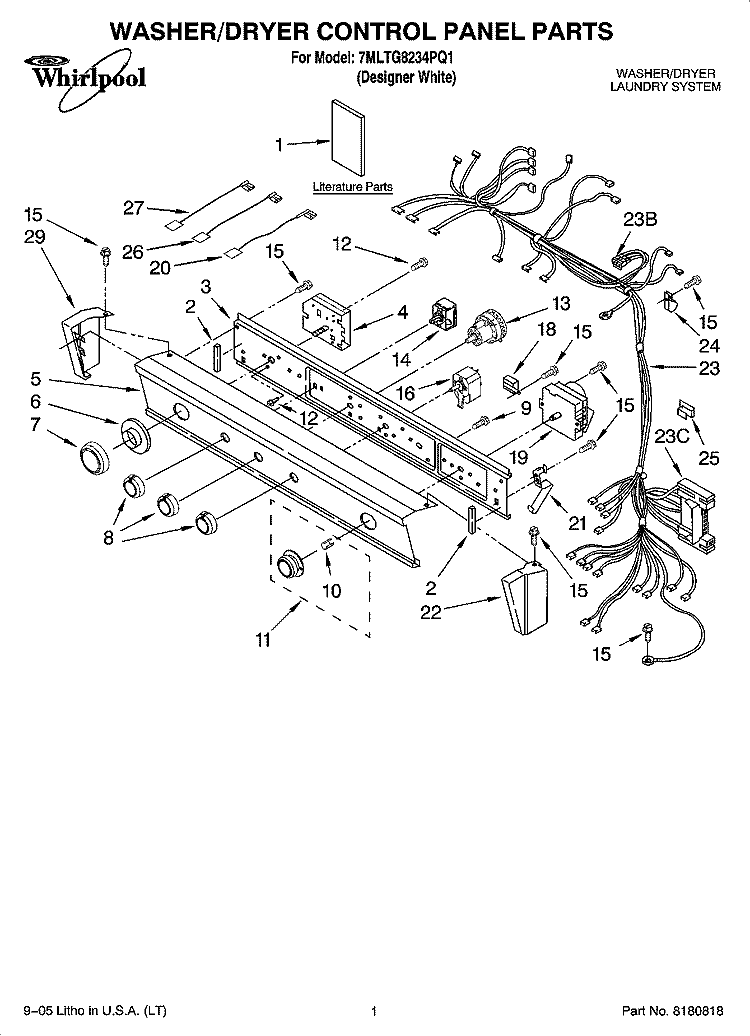WASHER/DRYER CONTROL PANEL PARTS Diagram and Parts List for 7MLTG8234PQ1  Whirlpool Washer Dryer Combo