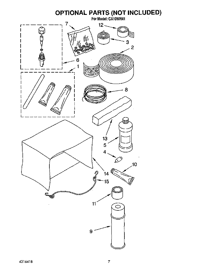 OPTIONAL PARTS (NOT INCLUDED) Diagram and Parts List for CA10WR41  Whirlpool Air Conditioner