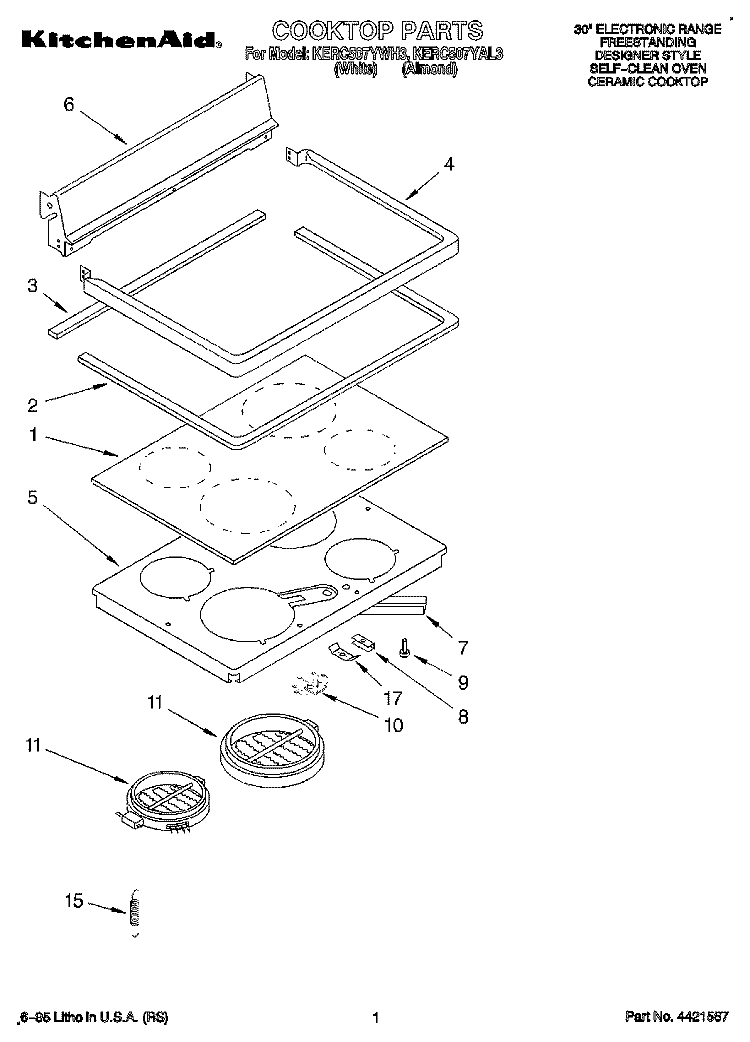 COOKTOP, LITERATURE Diagram and Parts List for KERC507YAL3  KitchenAid Range