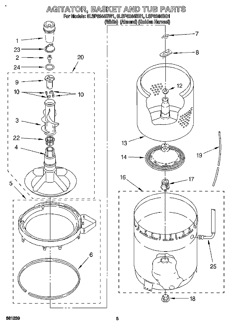 AGITATOR, BASKET AND TUB Diagram and Parts List for 8LSP6244BG1  Whirlpool Washer