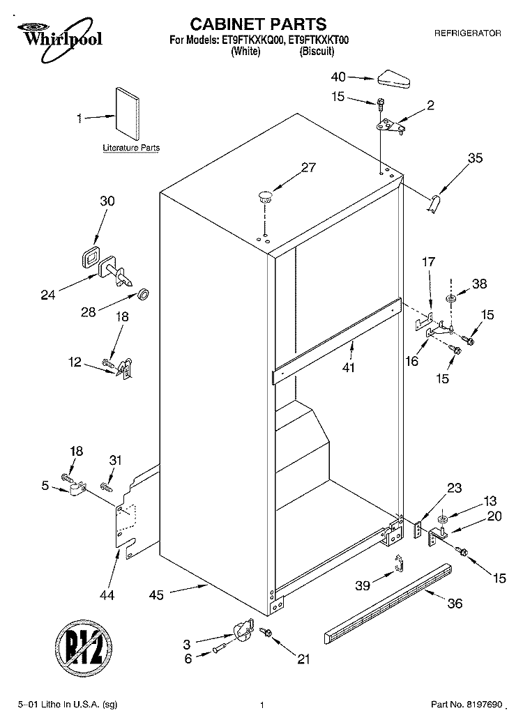CABINET, LITERATURE Diagram and Parts List for ET9FTKXKT00  Whirlpool Refrigerator
