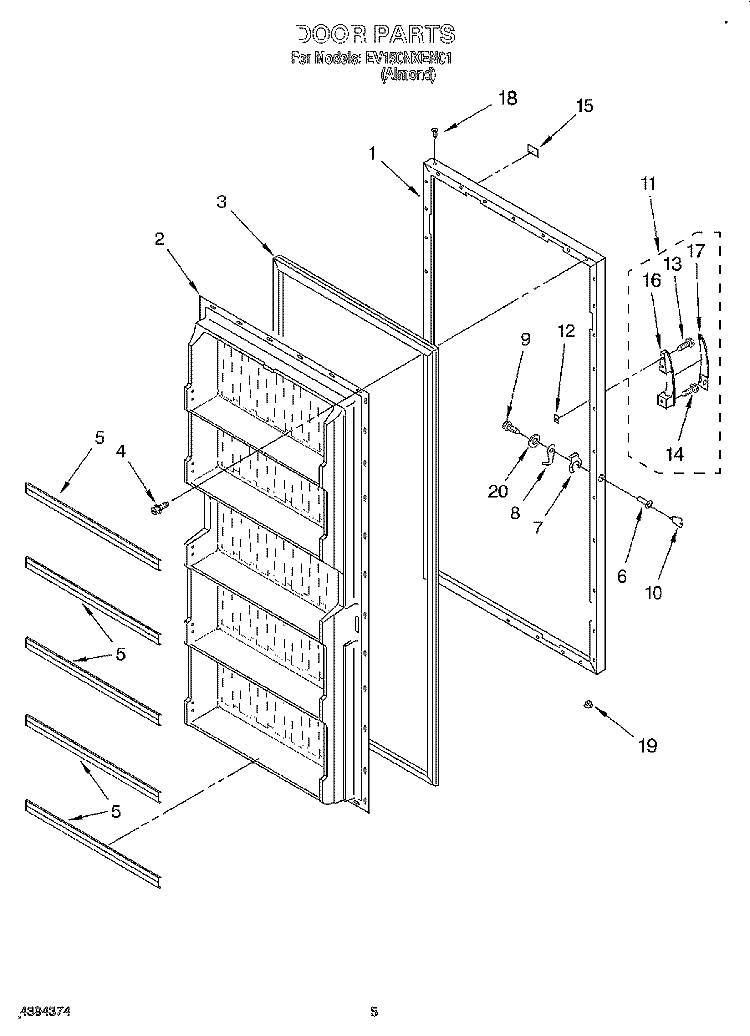 DOOR Diagram and Parts List for EV150NXEN01  Whirlpool Freezer