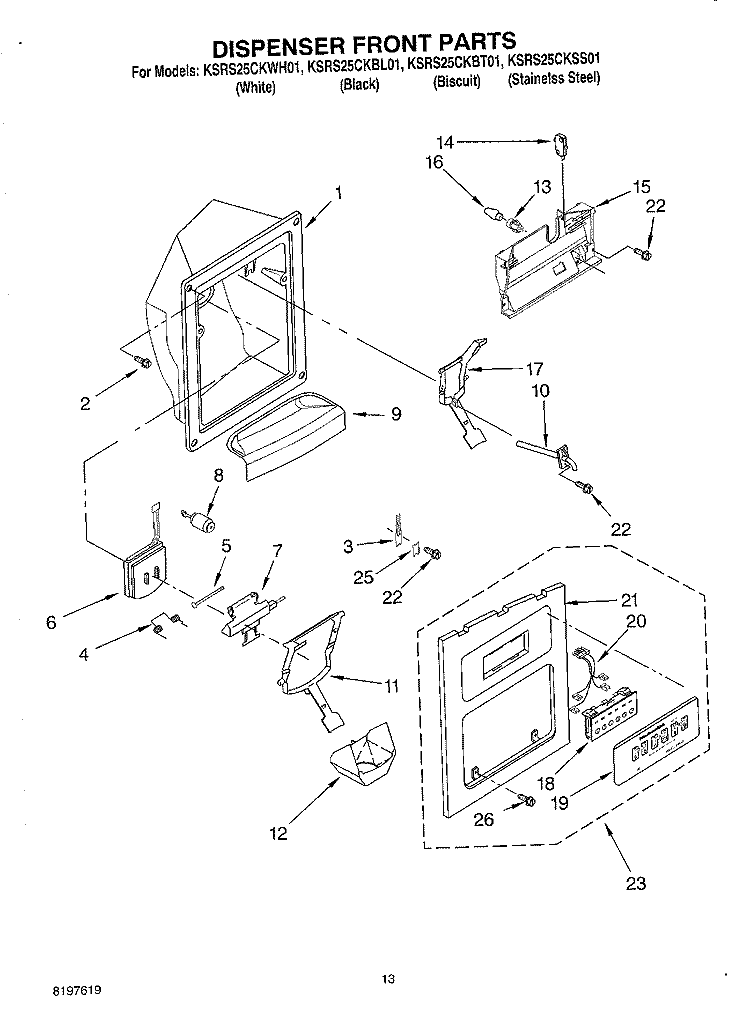 DISPENSER FRONT Diagram and Parts List for KSRS25CKSS01  KitchenAid Refrigerator
