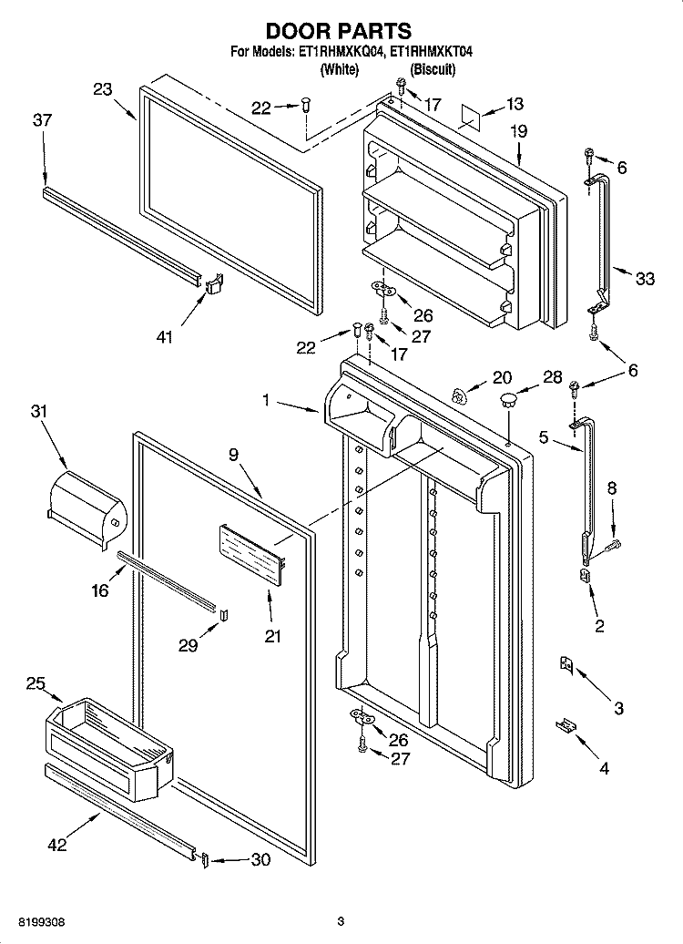 DOOR PARTS Diagram and Parts List for ET1RHMXKQ04  Whirlpool Refrigerator