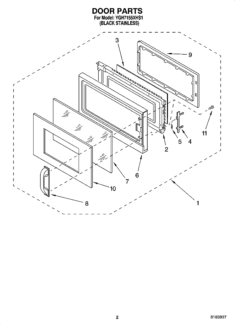 DOOR PARTS Diagram and Parts List for YGH7155XHS1  Whirlpool Microwave