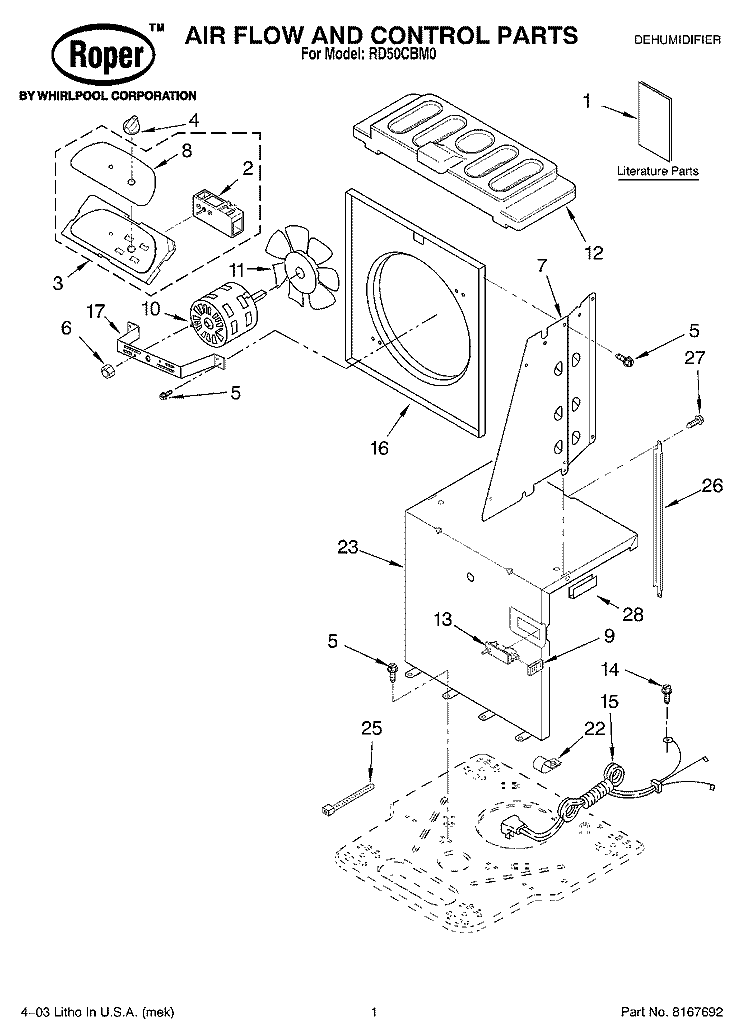AIR FLOW AND CONTROL PARTS Diagram and Parts List for RD50CBM0  Roper Dehumidifier