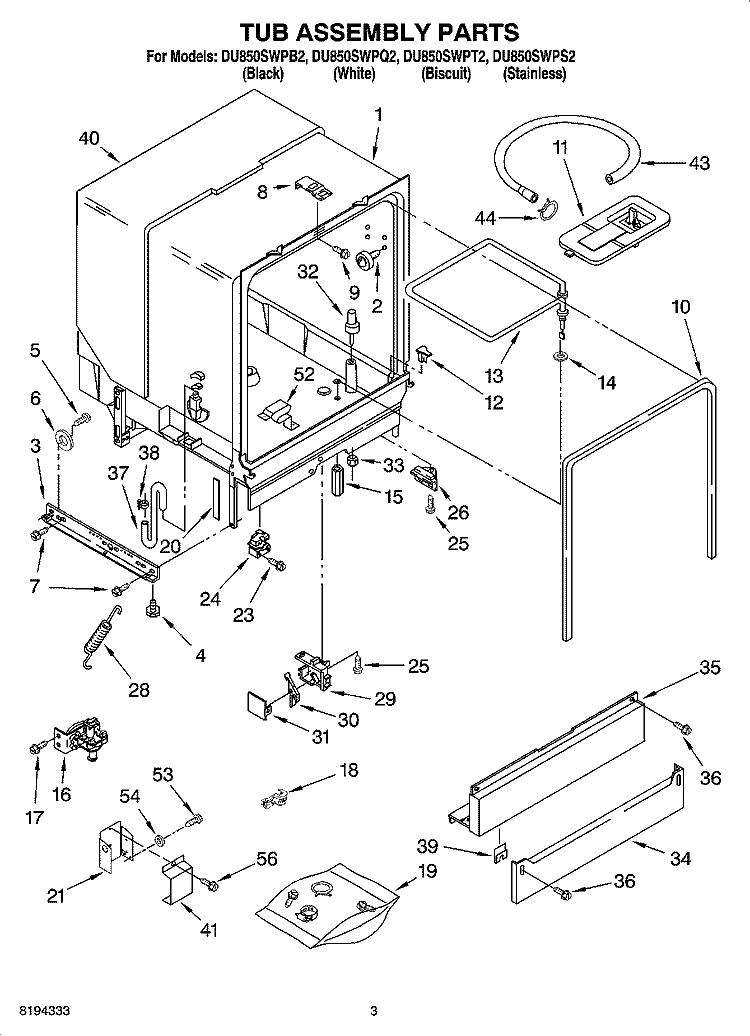 TUB ASSEMBLY PARTS Diagram and Parts List for DU850SWPQ2  Whirlpool Dishwasher