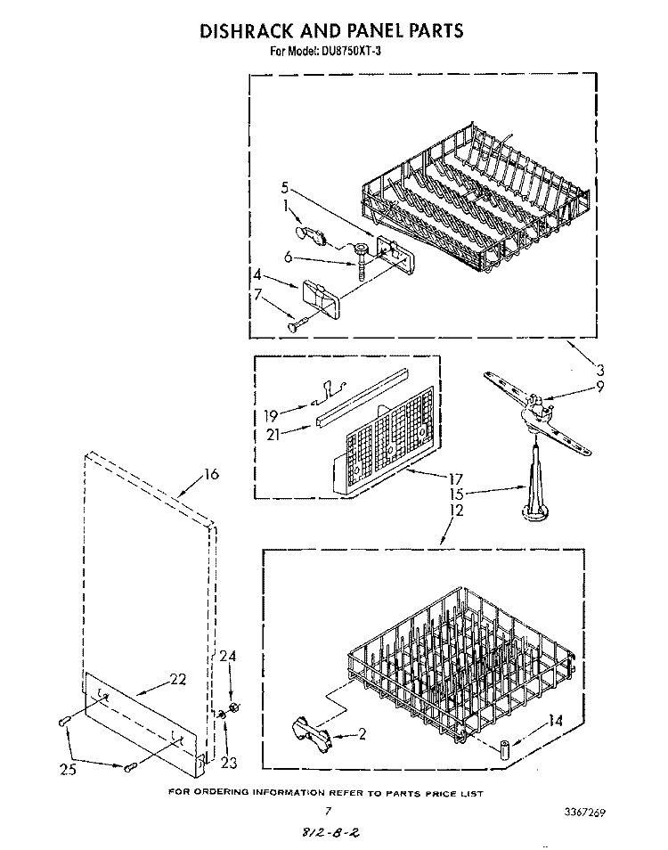 DISHRACK AND PANEL Diagram and Parts List for DU8750XT3  Whirlpool Dishwasher