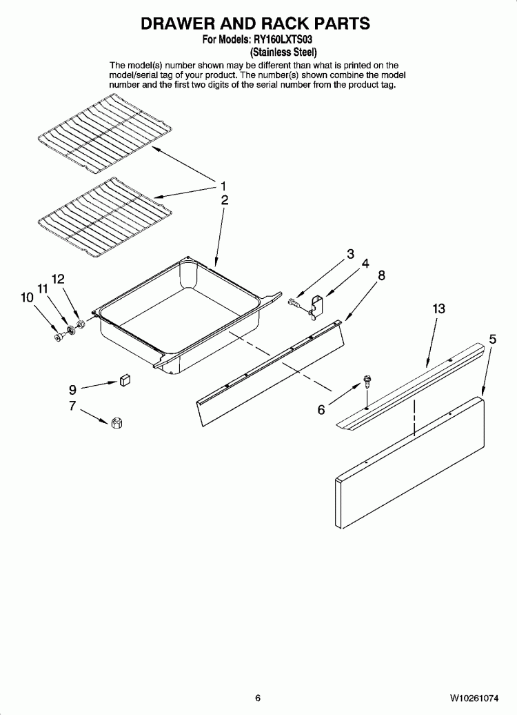 DRAWER AND RACK PARTS Diagram and Parts List for RY160LXTS03  Whirlpool Range