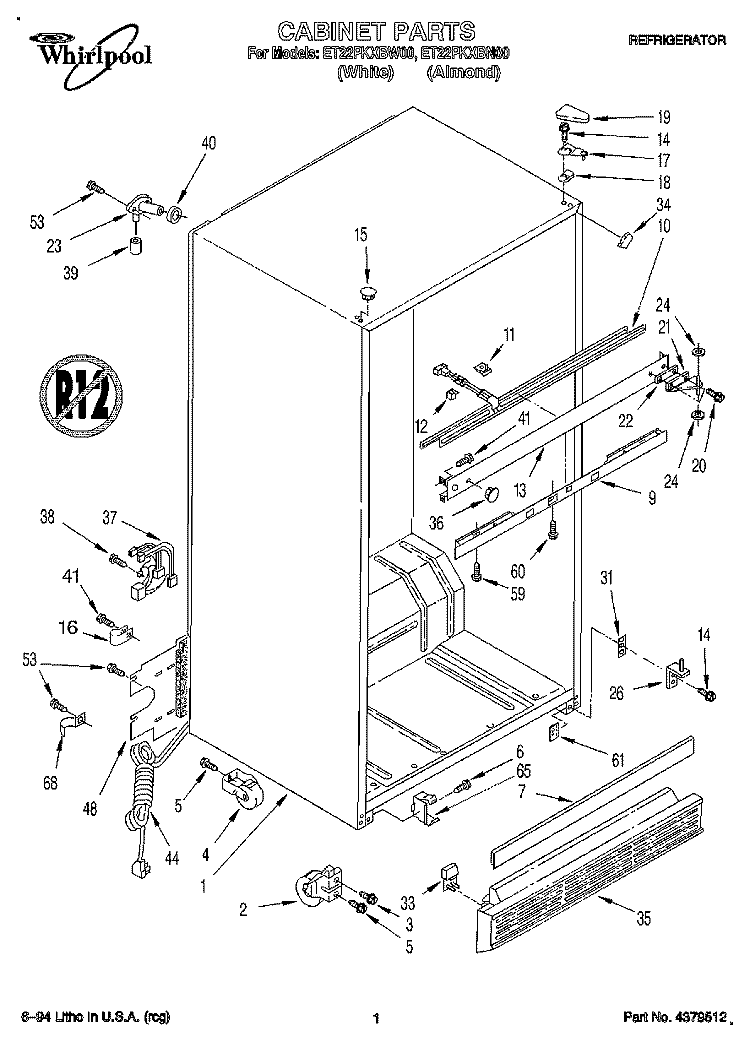 CABINET Diagram and Parts List for ET22PKXBW00  Whirlpool Refrigerator