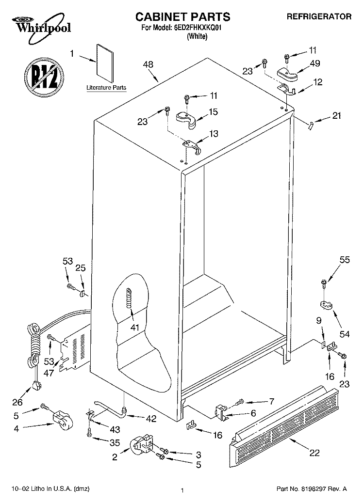 CABINET, LITERATURE Diagram and Parts List for 6ED2FHKXKQ01  Whirlpool Refrigerator