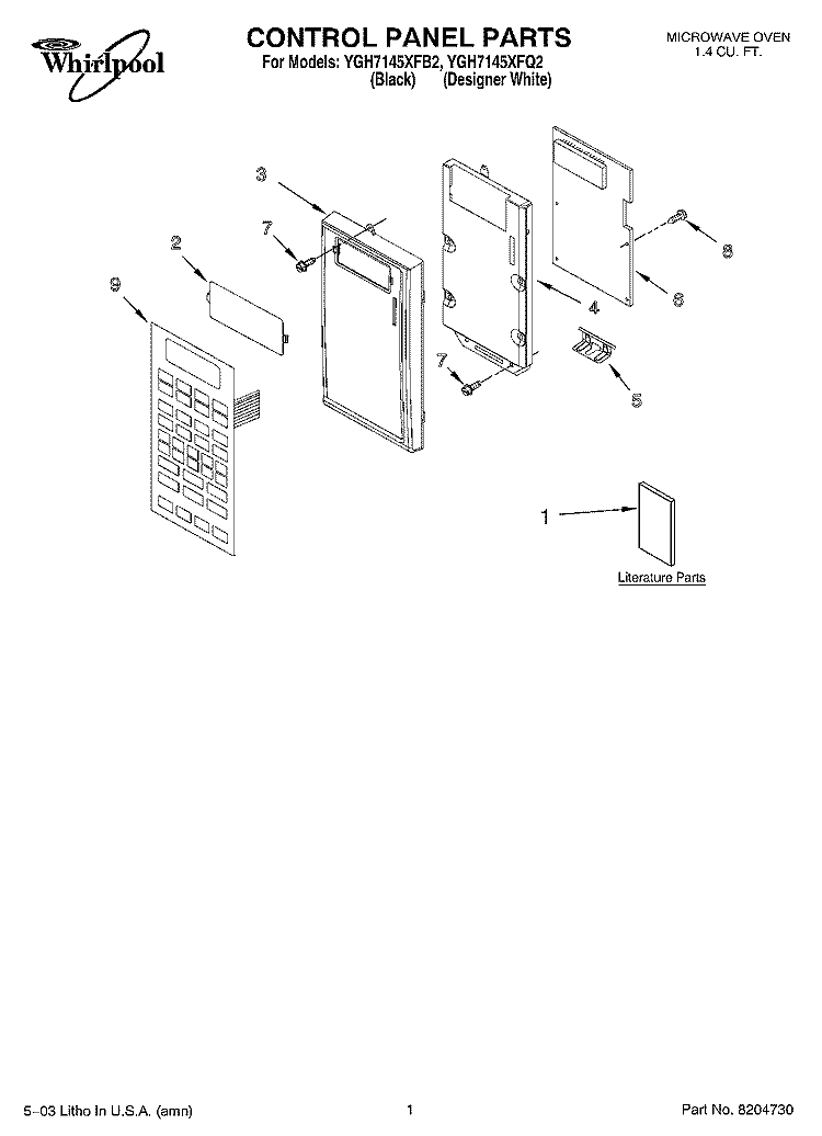 CONTROL PANEL PARTS Diagram and Parts List for YGH7145XFB2  Whirlpool Microwave