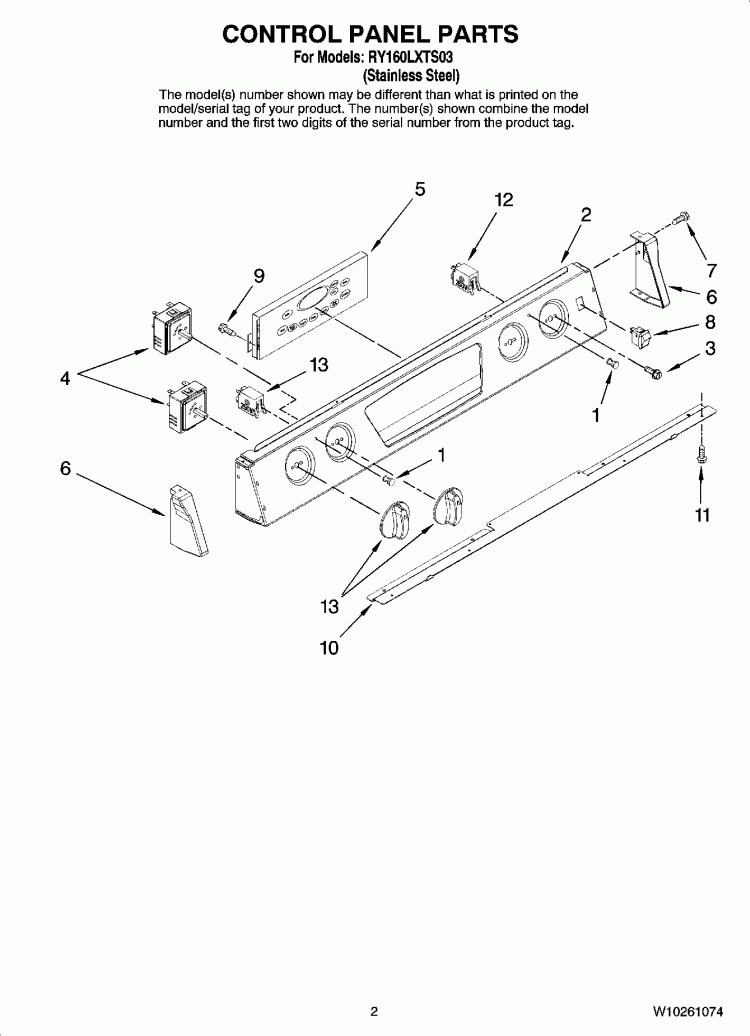 CONTROL PANEL PARTS Diagram and Parts List for RY160LXTS03  Whirlpool Range
