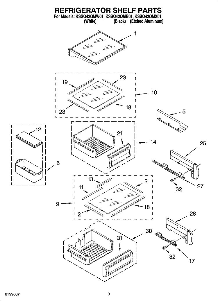 REFRIGERATOR SHELF PARTS Diagram and Parts List for KSSO42QMB01  KitchenAid Refrigerator