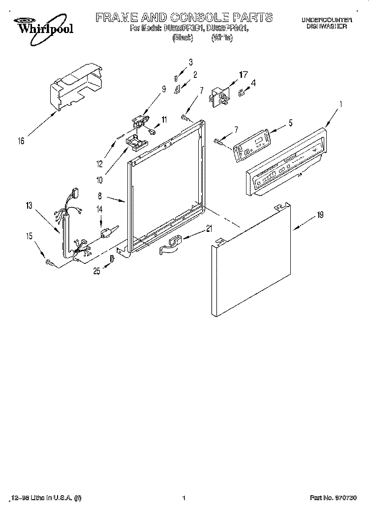 FRAME AND CONSOLE Diagram and Parts List for DU929PFGQ1  Whirlpool Dishwasher