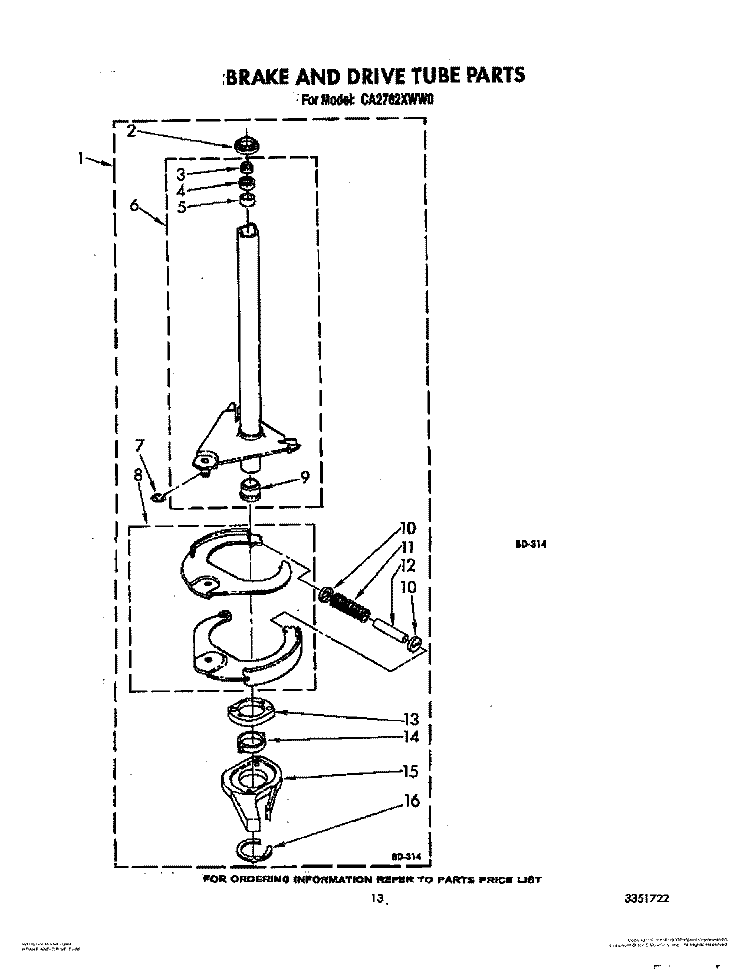 BRAKE AND DRIVE TUBE Diagram and Parts List for CA2762XWG0  Whirlpool Washer